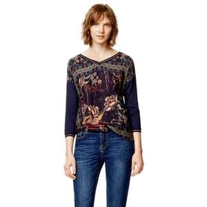 Desigual Albania 3/4 Sleeve V-Neck T-Shirt Rhinestone Embellished Top SZ L